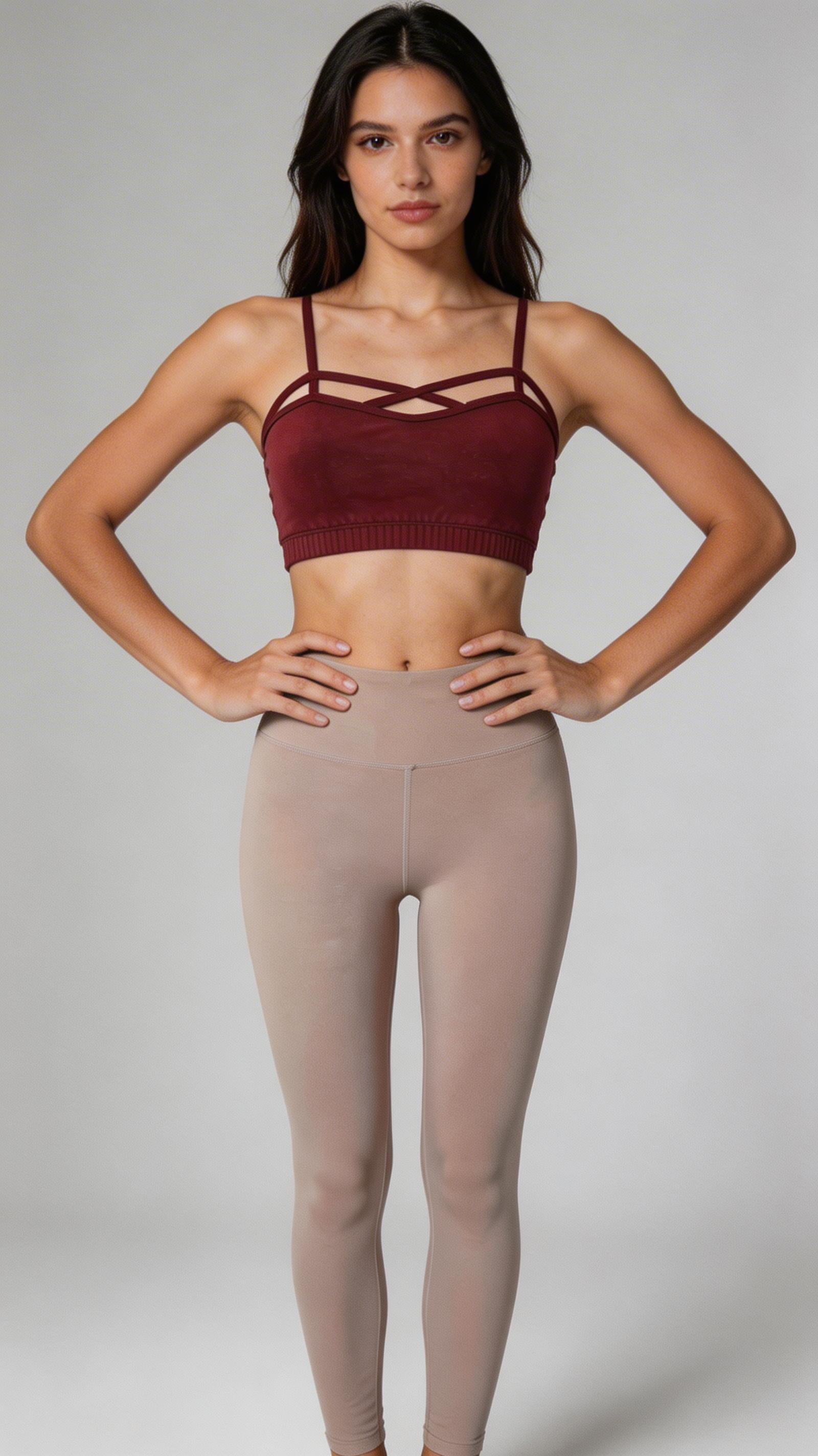 Woman wearing a burgundy sports bra and beige leggings on a gray background
