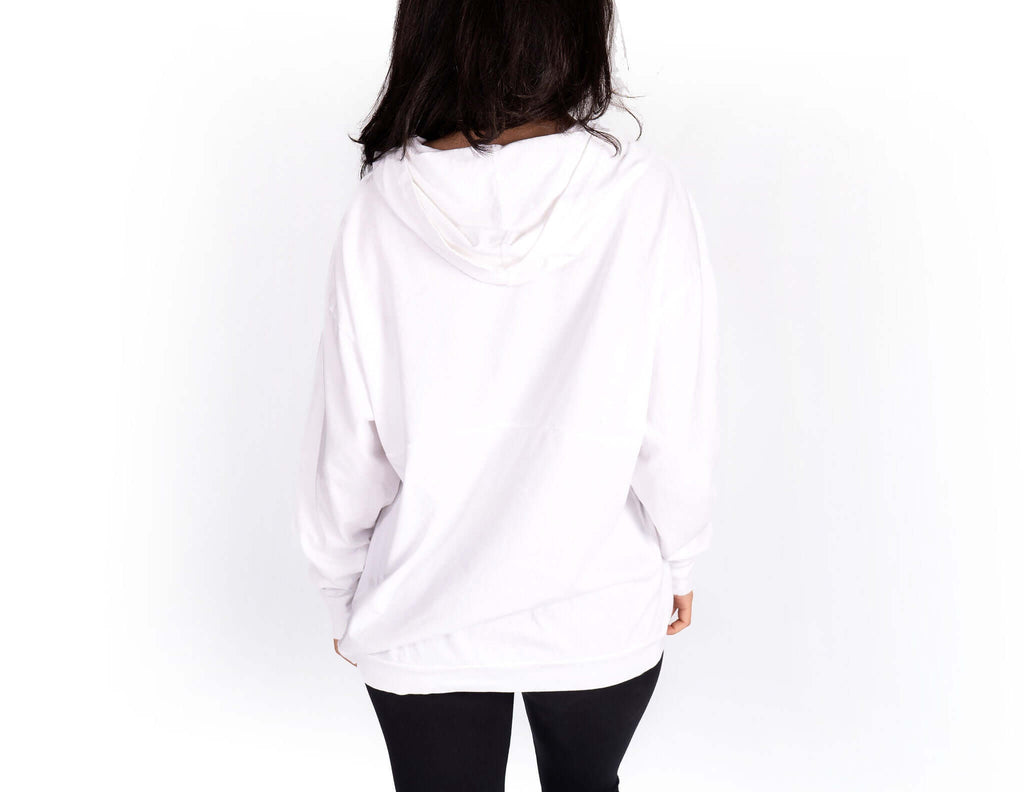 Relax Hoodie featuring a cozy oversized fit, generous hood, and spacious kangaroo pocket from the back view.