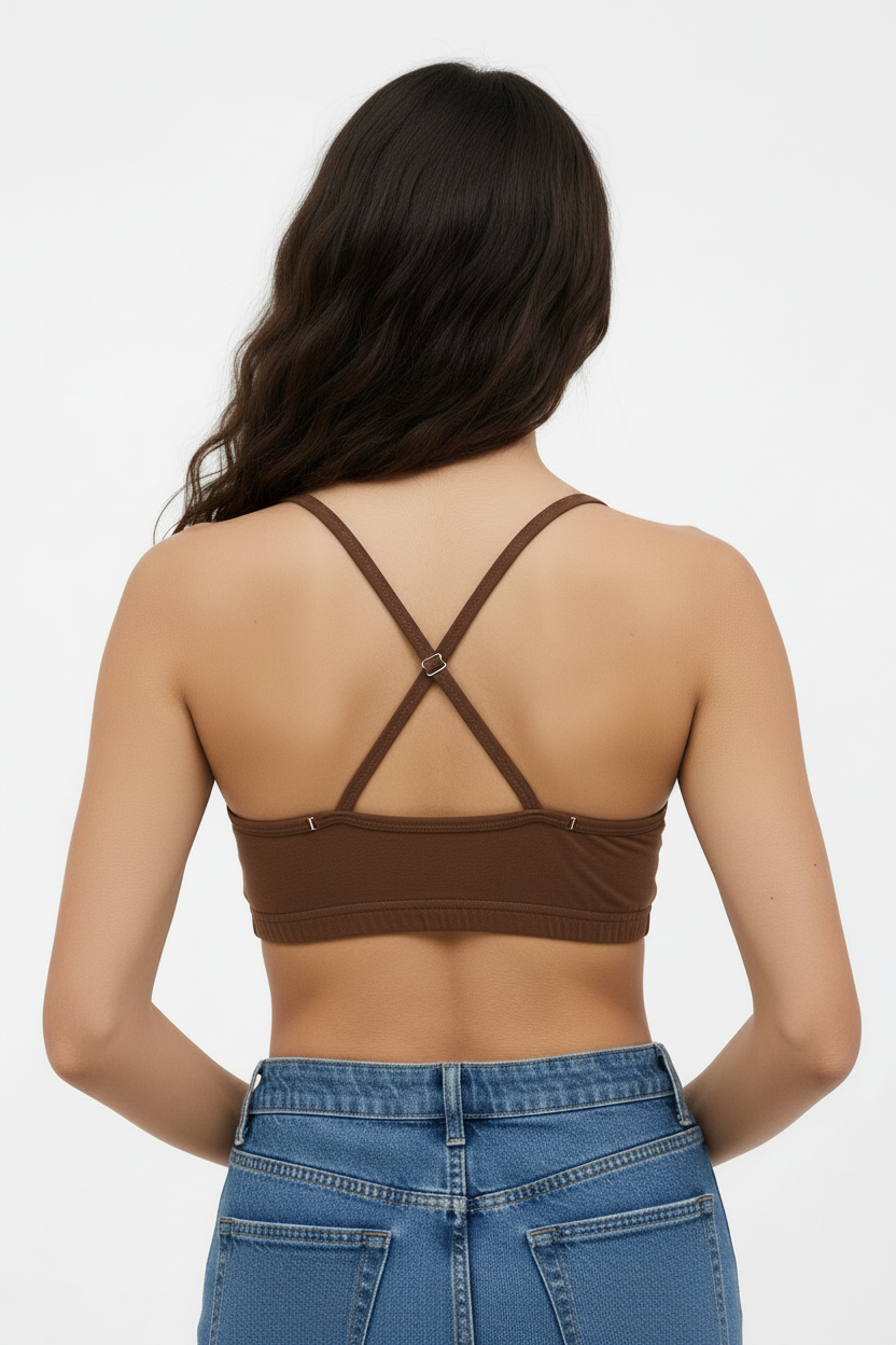 Organic Cotton Sports Bra in Mocha - Back View with Adjustable Sliders